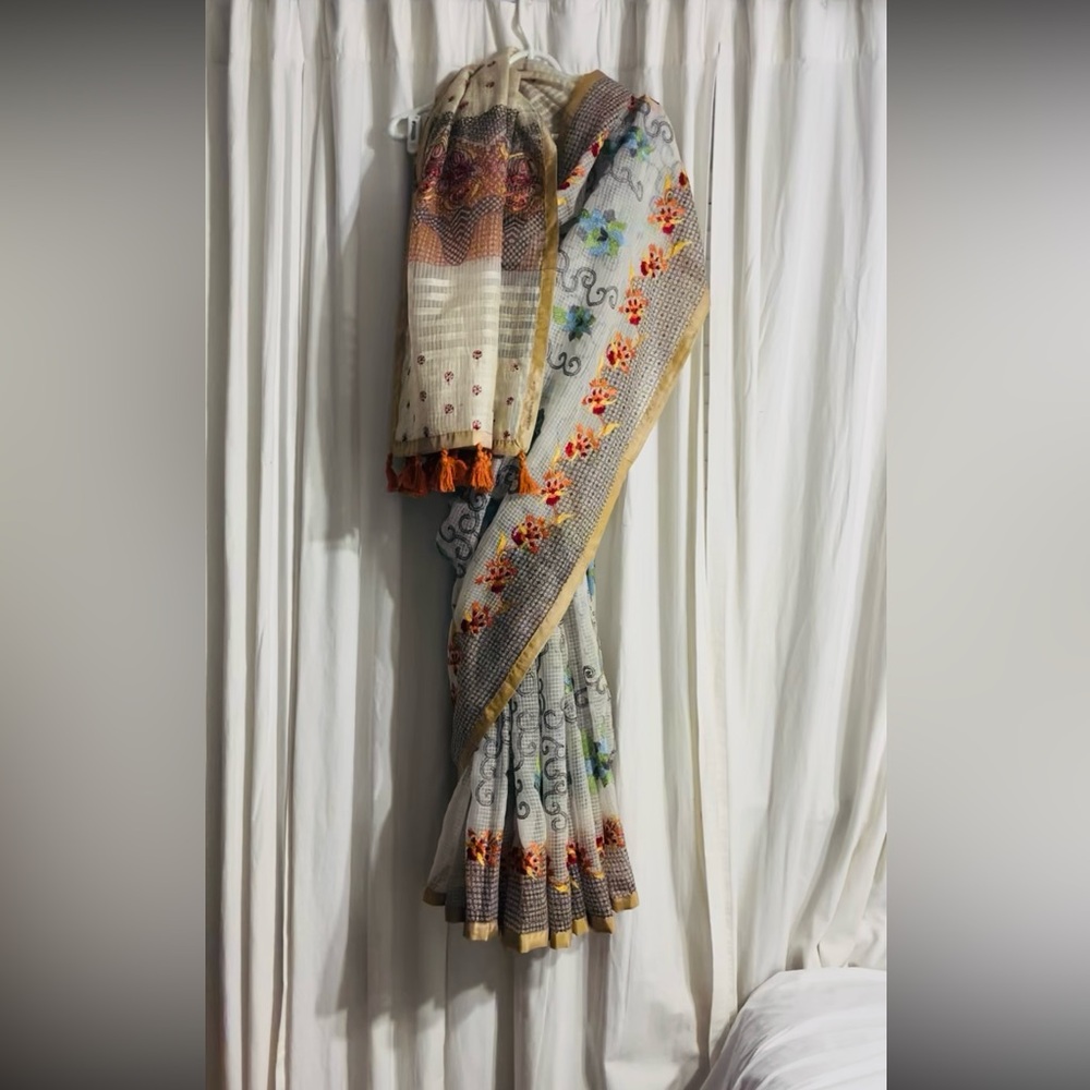 Floral multicolor Embroidered Sari with Tassels
